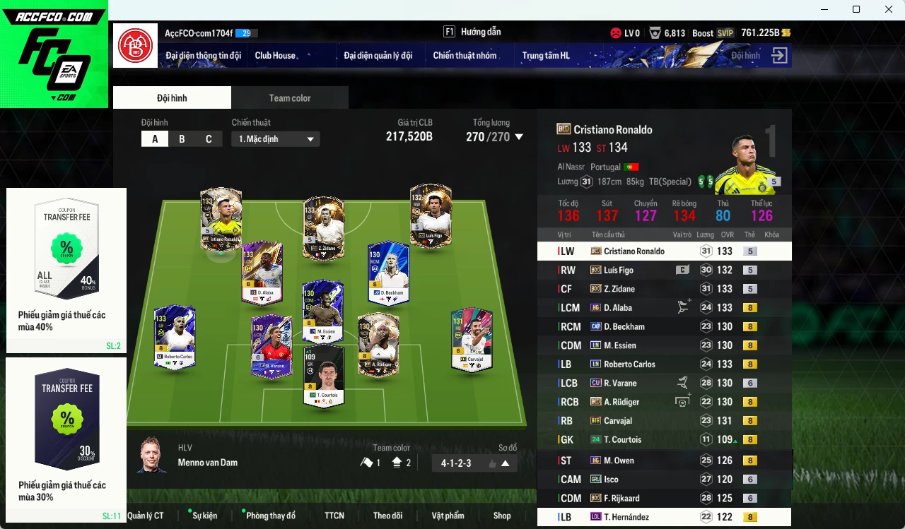 Real Madrid 217.520b có CR7 BLD, Rudiger BLD, Zidane BDO, Varane CU+6, Alaba HG, Owen HG, Carlos LN, Figo BDO, Rijkaard BDO+6, Essien LN, Isco GRU, Beckham CAP, Theo LOL